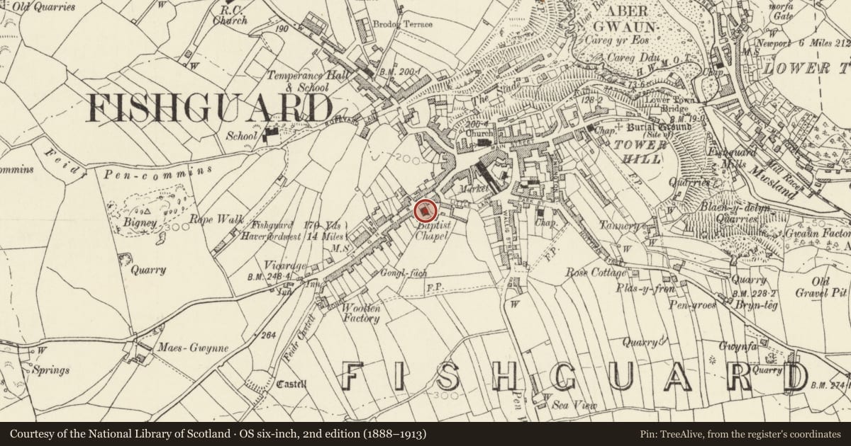 Ordnance Survey six-inch map, 2nd edition (1888–1913) covering the location of Hermon Baptist Church including forecourt walls and steps, Fishguard and Goodwick, Pembrokeshire, with a pin at the register's coordinates