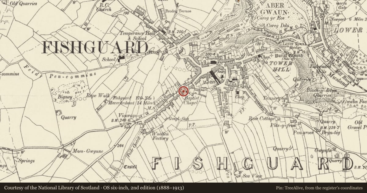 Ordnance Survey six-inch map, 2nd edition (1888–1913) covering the location of Cottage occupied by St John's Fishguard Nursing Division, Fishguard and Goodwick, Pembrokeshire, with a pin at the register's coordinates