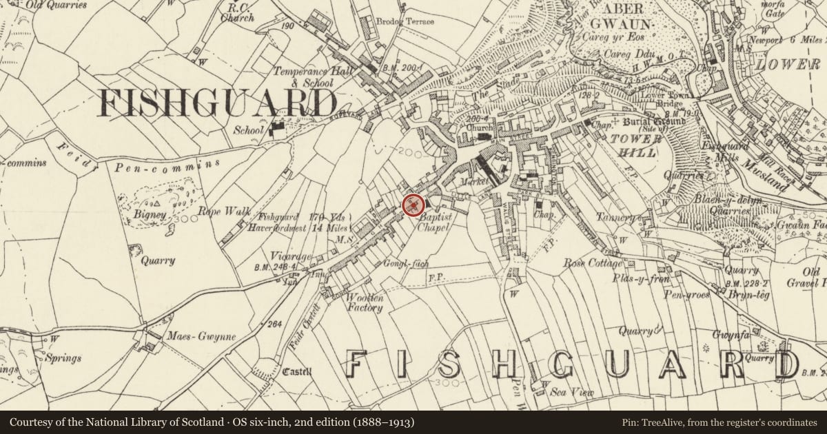 Ordnance Survey six-inch map, 2nd edition (1888–1913) covering the location of Bank House, Fishguard and Goodwick, Pembrokeshire, with a pin at the register's coordinates