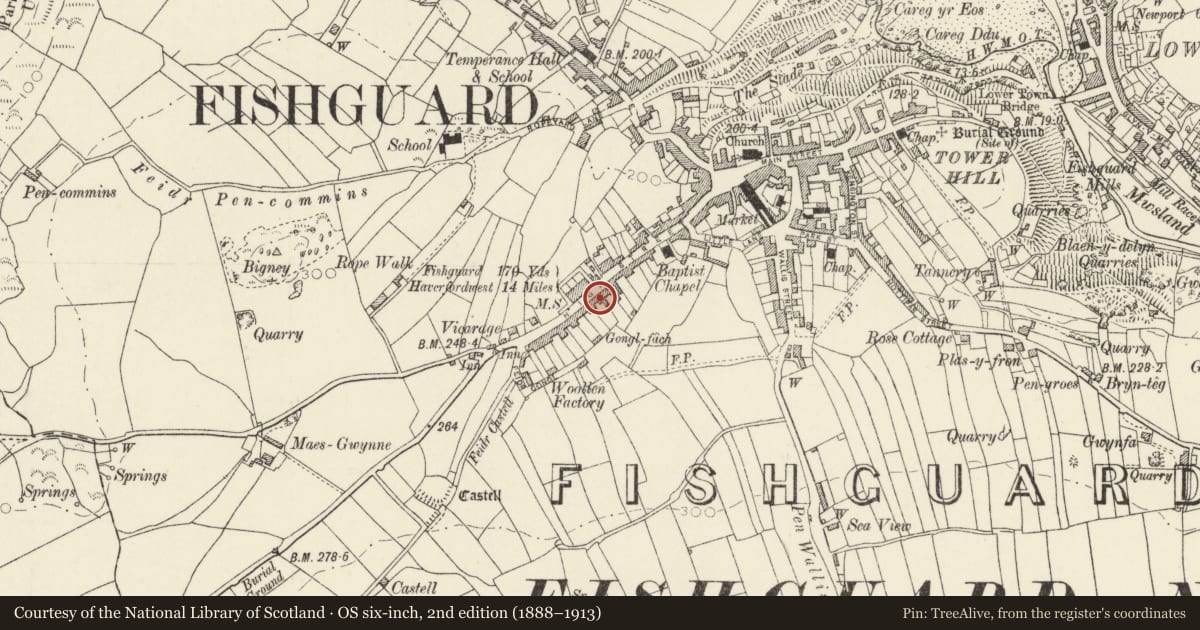 Ordnance Survey six-inch map, 2nd edition (1888–1913) covering the location of 43 High Street, Fishguard and Goodwick, Pembrokeshire, with a pin at the register's coordinates