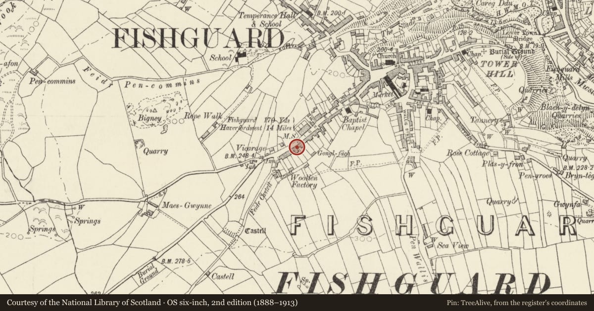 Ordnance Survey six-inch map, 2nd edition (1888–1913) covering the location of Nevern House, Fishguard and Goodwick, Pembrokeshire, with a pin at the register's coordinates