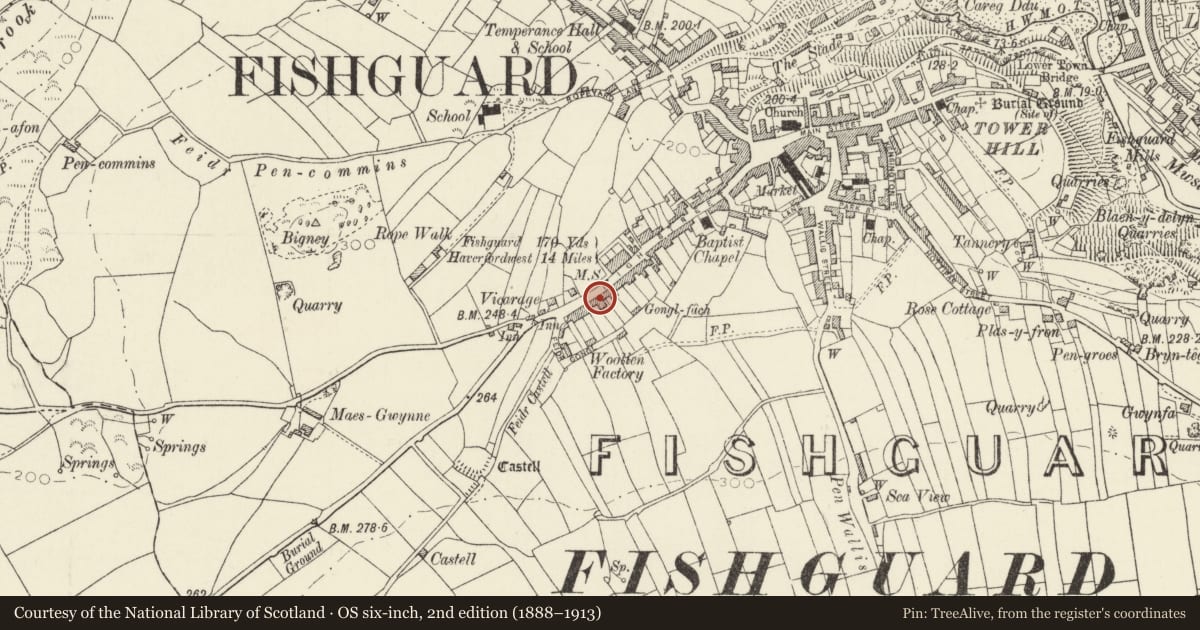 Ordnance Survey six-inch map, 2nd edition (1888–1913) covering the location of 61 High Street, including forecourt railing, Fishguard and Goodwick, Pembrokeshire, with a pin at the register's coordinates