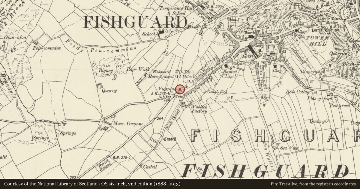 Ordnance Survey six-inch map, 2nd edition (1888–1913) covering the location of Llys Mair, Fishguard and Goodwick, Pembrokeshire, with a pin at the register's coordinates