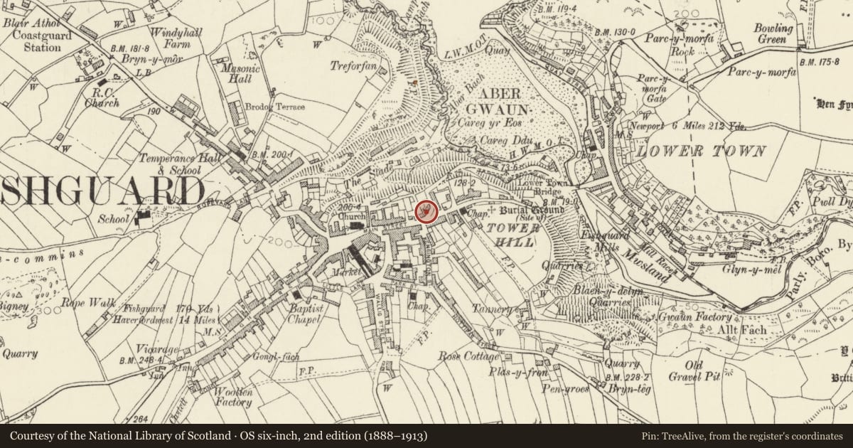 Ordnance Survey six-inch map, 2nd edition (1888–1913) covering the location of 1 Hill Terrace, Fishguard and Goodwick, Pembrokeshire, with a pin at the register's coordinates