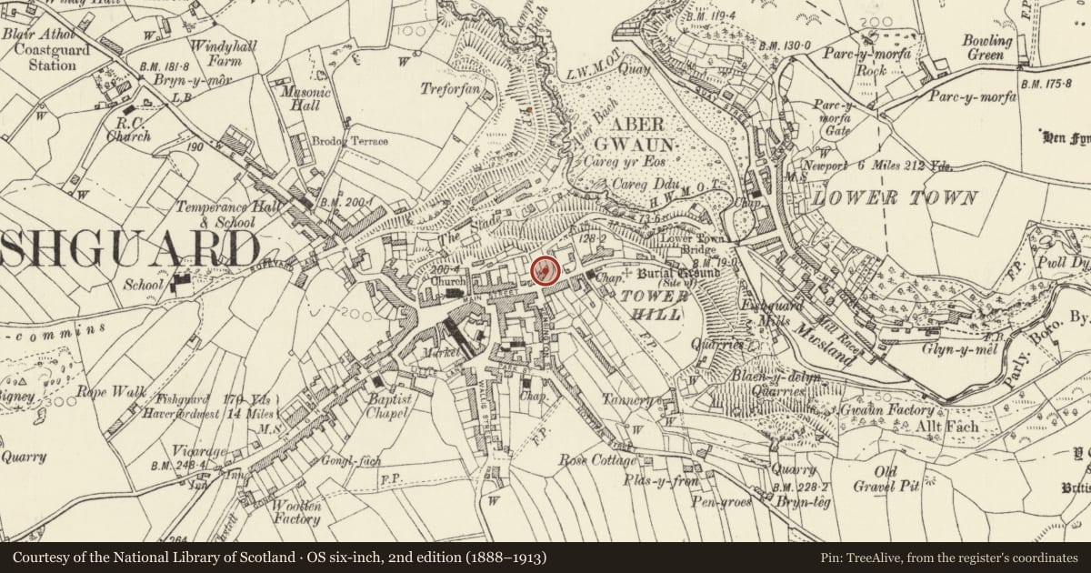 Ordnance Survey six-inch map, 2nd edition (1888–1913) covering the location of 2 Hill Terrace, Fishguard and Goodwick, Pembrokeshire, with a pin at the register's coordinates