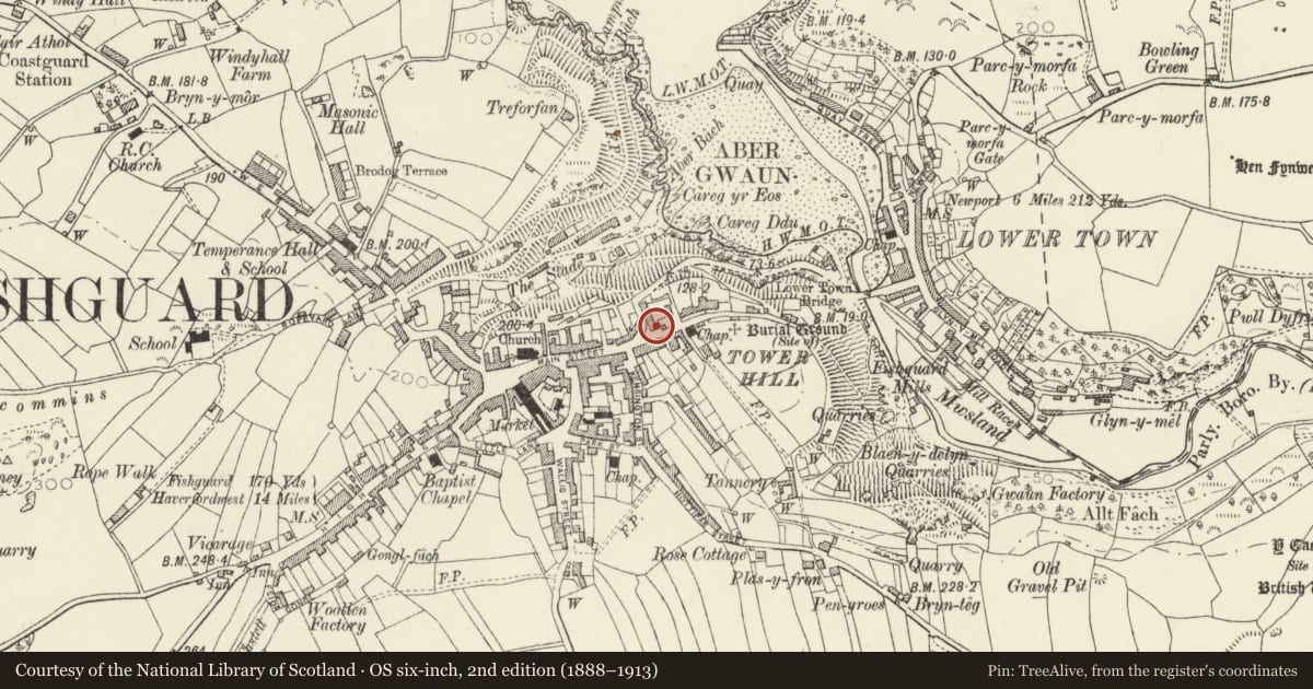 Ordnance Survey six-inch map, 2nd edition (1888–1913) covering the location of 4 Hill Terrace, Fishguard and Goodwick, Pembrokeshire, with a pin at the register's coordinates