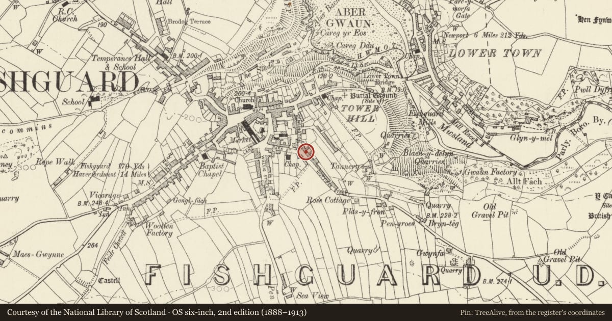 Ordnance Survey six-inch map, 2nd edition (1888–1913) covering the location of 1 Hottipass Street, Fishguard and Goodwick, Pembrokeshire, with a pin at the register's coordinates