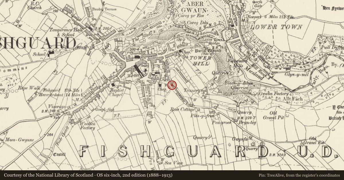 Ordnance Survey six-inch map, 2nd edition (1888–1913) covering the location of Bodlondeb, Fishguard and Goodwick, Pembrokeshire, with a pin at the register's coordinates