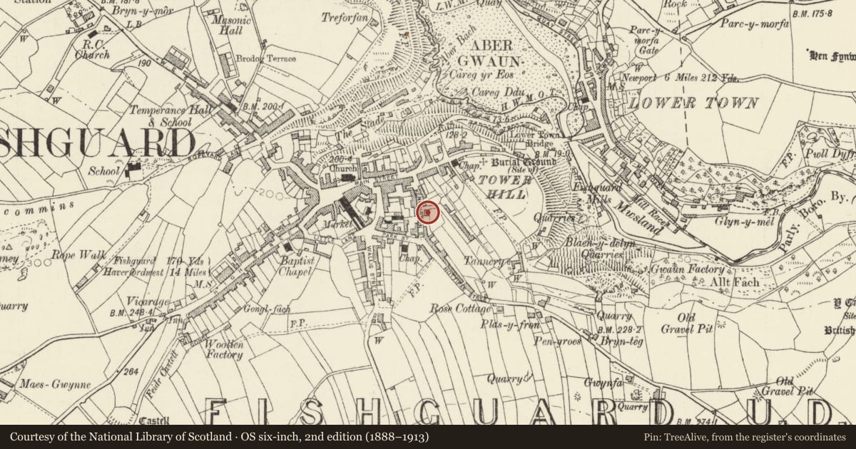 Ordnance Survey six-inch map, 2nd edition (1888–1913) covering the location of Kensington House, Fishguard and Goodwick, Pembrokeshire, with a pin at the register's coordinates