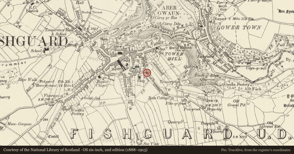 Ordnance Survey six-inch map, 2nd edition (1888–1913) covering the location of 17 Kensington Street, Fishguard and Goodwick, Pembrokeshire, with a pin at the register's coordinates