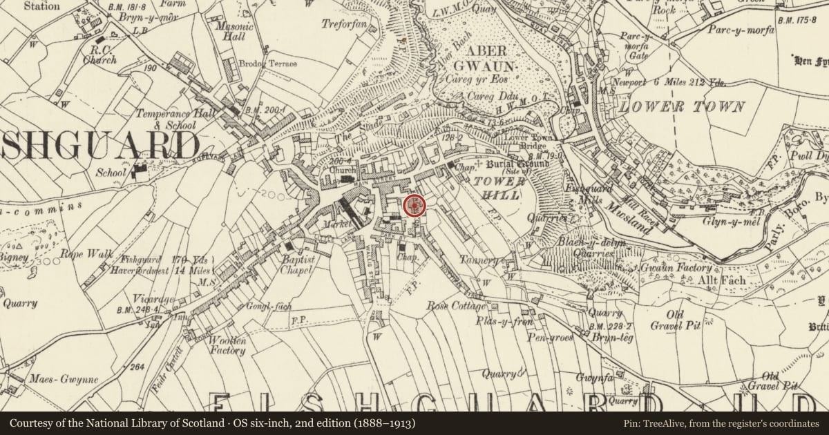 Ordnance Survey six-inch map, 2nd edition (1888–1913) covering the location of 12 Kensington Street, Fishguard and Goodwick, Pembrokeshire, with a pin at the register's coordinates