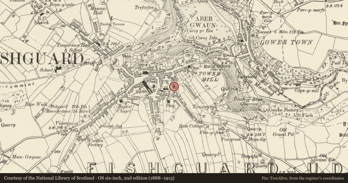 Ordnance Survey six-inch map, 2nd edition (1888–1913) covering the location of 16/18 Kensington St, Fishguard and Goodwick, Pembrokeshire, with a pin at the register's coordinates