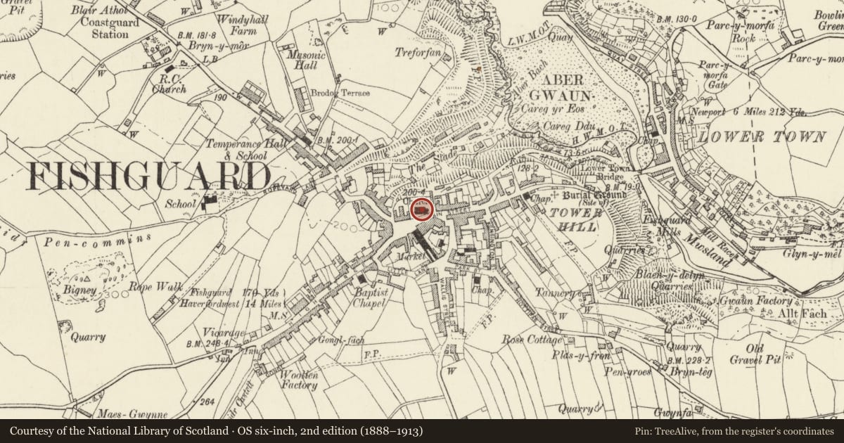 Ordnance Survey six-inch map, 2nd edition (1888–1913) covering the location of Parish Church of St Mary, Fishguard and Goodwick, Pembrokeshire, with a pin at the register's coordinates