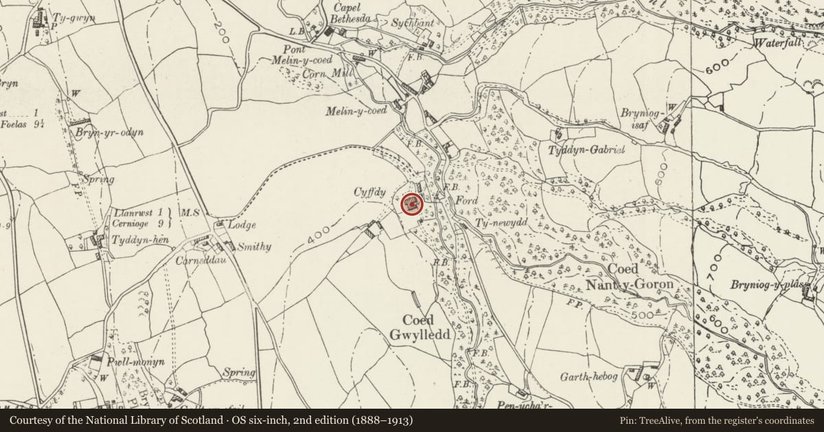 Ordnance Survey six-inch map, 2nd edition (1888–1913) covering the location of Cyffdy Hall (including attached Coach House), Bro Garmon, Conwy, with a pin at the register's coordinates