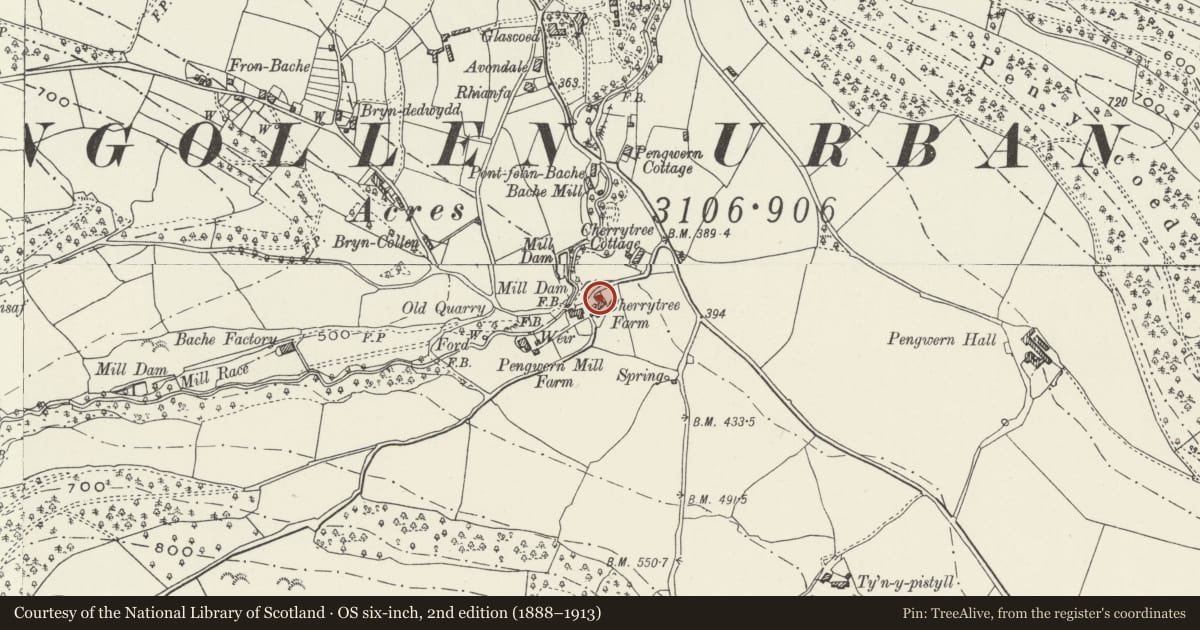 Ordnance Survey six-inch map, 2nd edition (1888–1913) covering the location of Former Barn at Cherrytree Farm, Llangollen, Denbighshire, with a pin at the register's coordinates