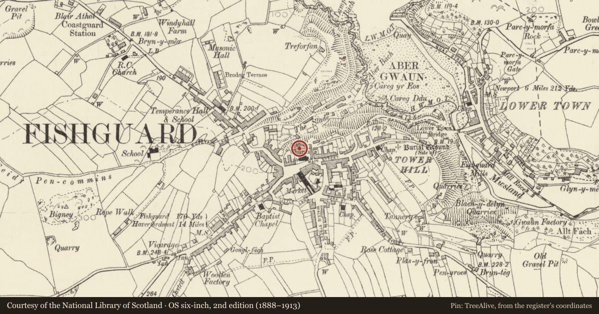 Ordnance Survey six-inch map, 2nd edition (1888–1913) covering the location of Inscribed stone in St Mary's Churchyard, Fishguard and Goodwick, Pembrokeshire, with a pin at the register's coordinates