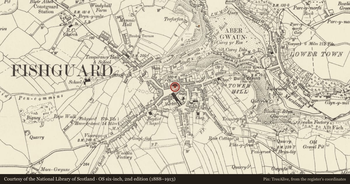 Ordnance Survey six-inch map, 2nd edition (1888–1913) covering the location of Railings to churchyard of Church of St Mary, Fishguard and Goodwick, Pembrokeshire, with a pin at the register's coordinates