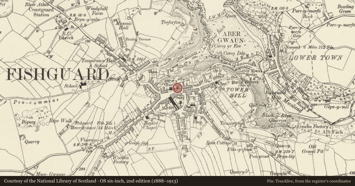 Ordnance Survey six-inch map, 2nd edition (1888–1913) covering the location of 1 Main Street, Fishguard and Goodwick, Pembrokeshire, with a pin at the register's coordinates