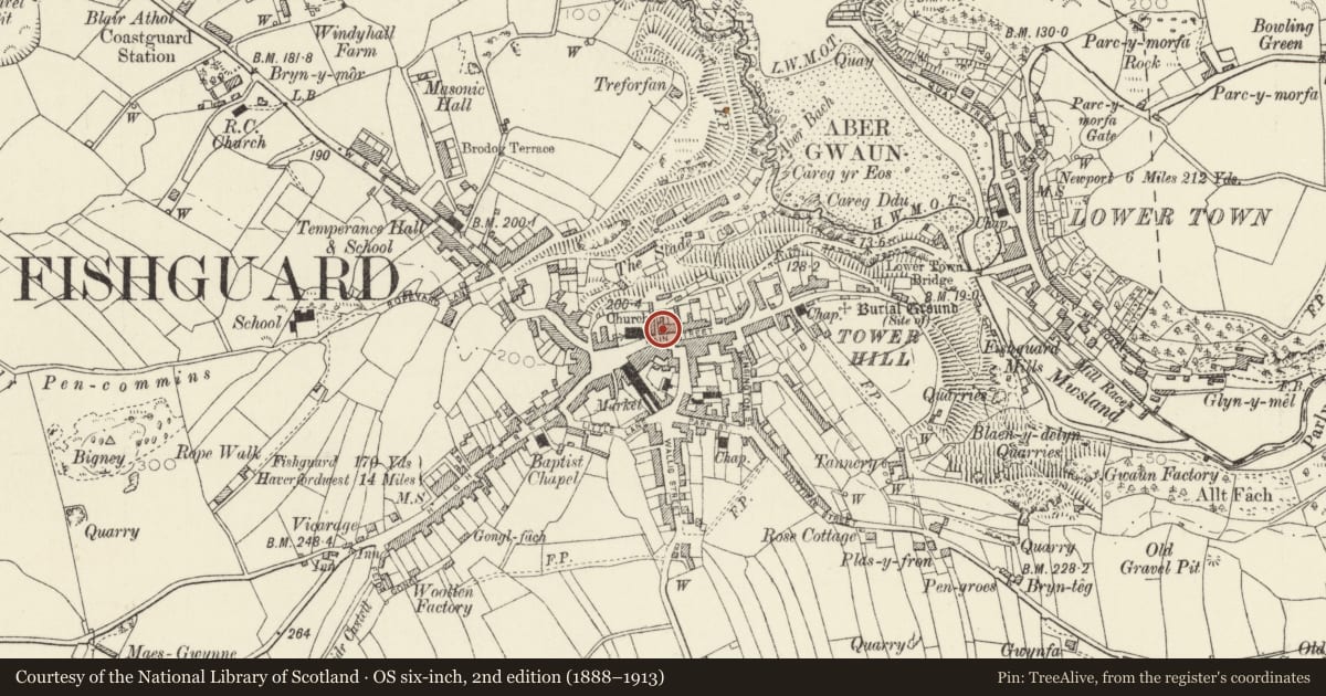 Ordnance Survey six-inch map, 2nd edition (1888–1913) covering the location of 3 Main Street, Fishguard and Goodwick, Pembrokeshire, with a pin at the register's coordinates