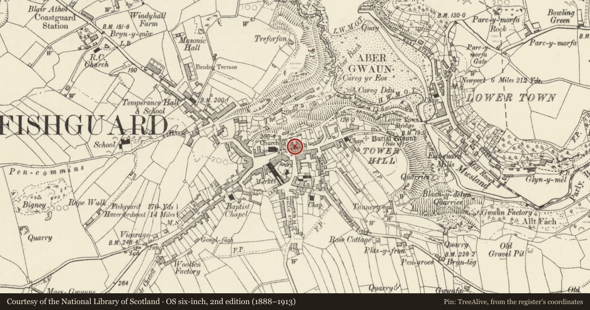 Ordnance Survey six-inch map, 2nd edition (1888–1913) covering the location of Sally Port, Fishguard and Goodwick, Pembrokeshire, with a pin at the register's coordinates
