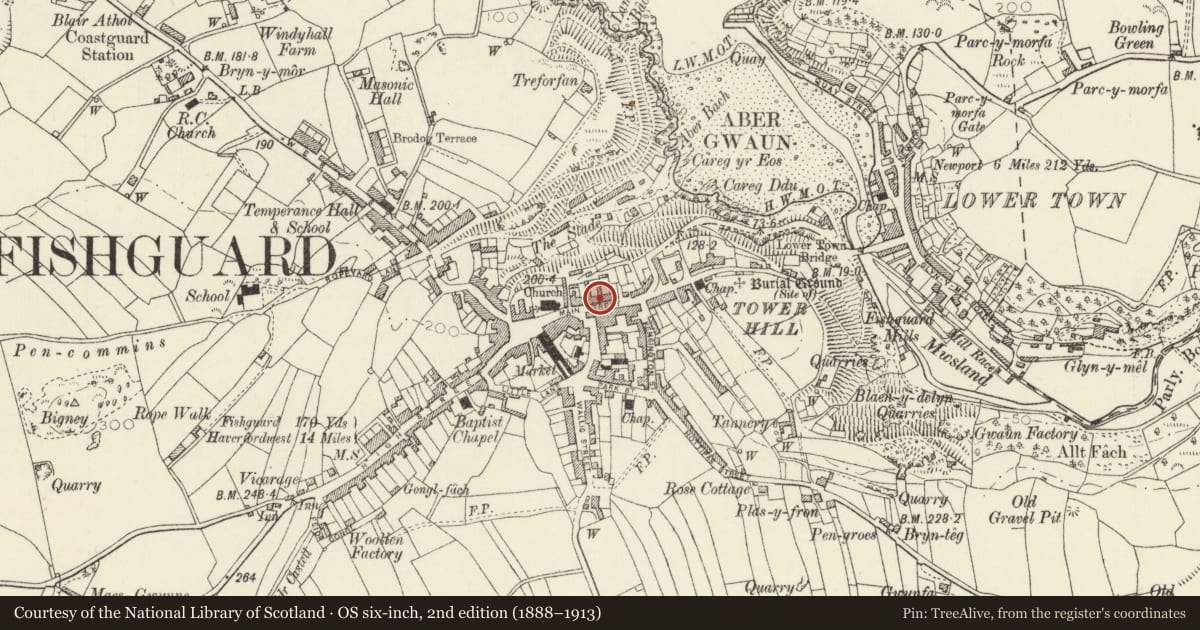 Ordnance Survey six-inch map, 2nd edition (1888–1913) covering the location of Manor House Hotel, Fishguard and Goodwick, Pembrokeshire, with a pin at the register's coordinates