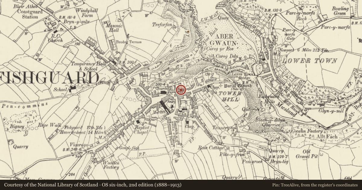 Ordnance Survey six-inch map, 2nd edition (1888–1913) covering the location of Elim Lodge, Fishguard and Goodwick, Pembrokeshire, with a pin at the register's coordinates