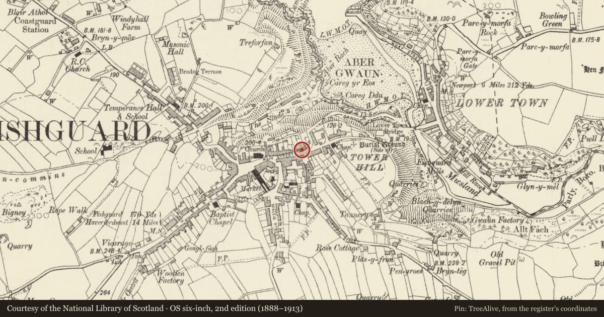 Ordnance Survey six-inch map, 2nd edition (1888–1913) covering the location of Ty Rhos, Fishguard and Goodwick, Pembrokeshire, with a pin at the register's coordinates