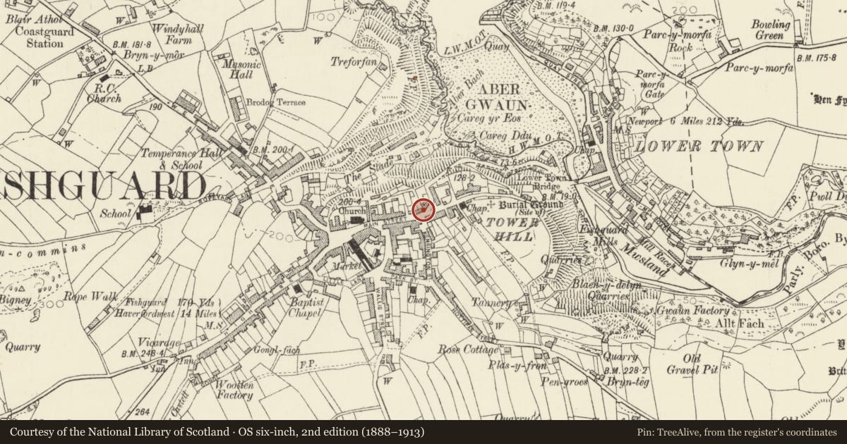Ordnance Survey six-inch map, 2nd edition (1888–1913) covering the location of Sail Cottage, Fishguard and Goodwick, Pembrokeshire, with a pin at the register's coordinates