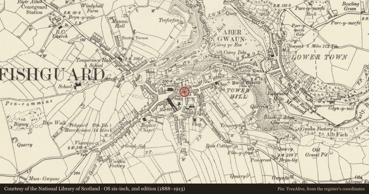 Ordnance Survey six-inch map, 2nd edition (1888–1913) covering the location of 16 Main Street, Fishguard and Goodwick, Pembrokeshire, with a pin at the register's coordinates