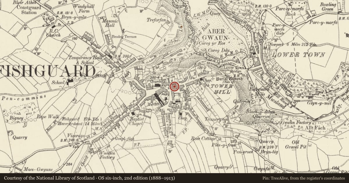 Ordnance Survey six-inch map, 2nd edition (1888–1913) covering the location of 22 Main Street, Fishguard and Goodwick, Pembrokeshire, with a pin at the register's coordinates