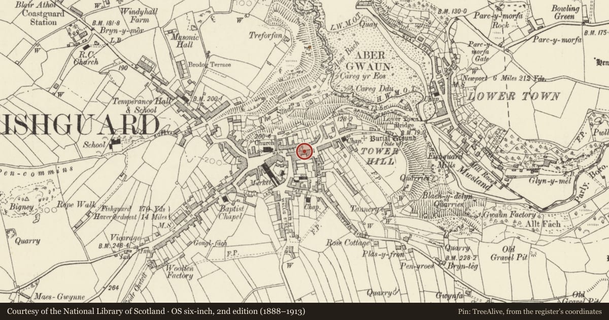 Ordnance Survey six-inch map, 2nd edition (1888–1913) covering the location of The Globe Inn, Fishguard and Goodwick, Pembrokeshire, with a pin at the register's coordinates