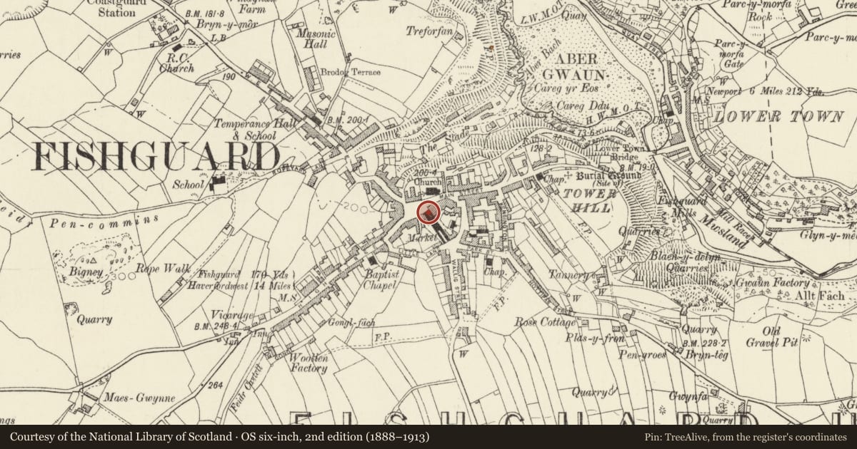 Ordnance Survey six-inch map, 2nd edition (1888–1913) covering the location of The Town Hall, Fishguard and Goodwick, Pembrokeshire, with a pin at the register's coordinates