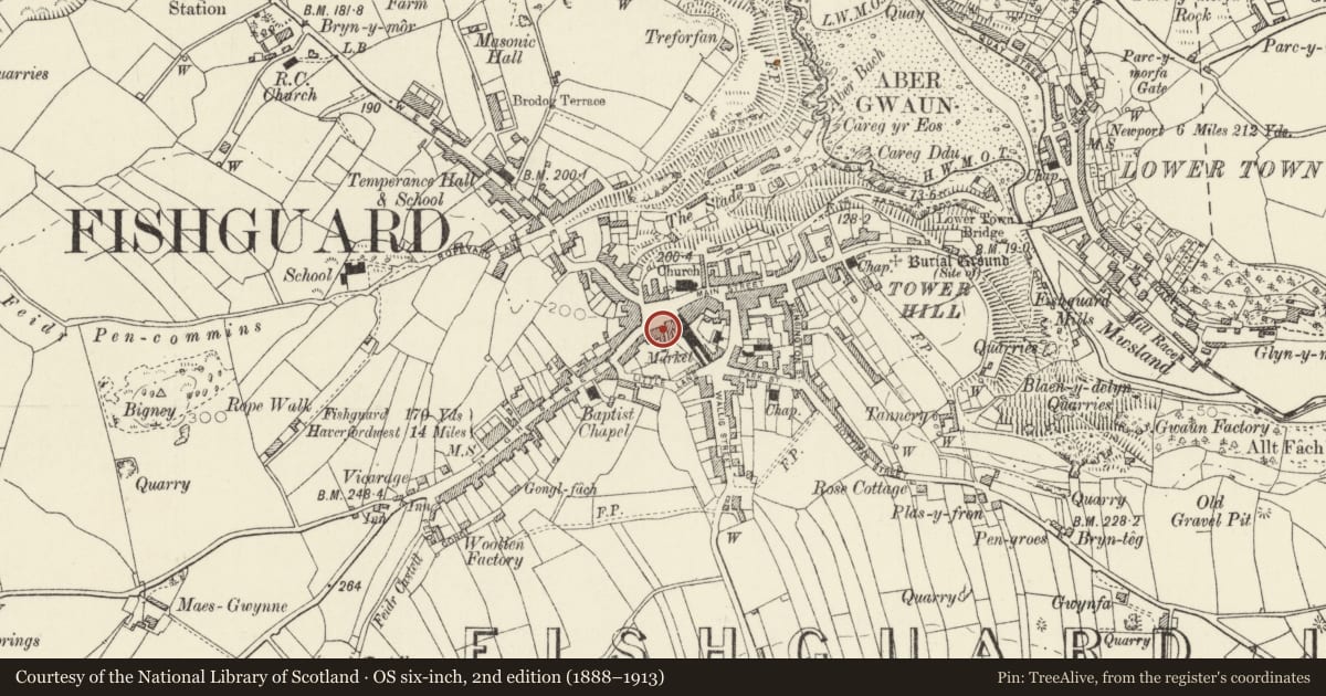 Ordnance Survey six-inch map, 2nd edition (1888–1913) covering the location of 15&16 Market Square, Fishguard and Goodwick, Pembrokeshire, with a pin at the register's coordinates