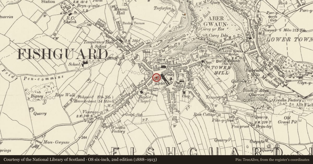Ordnance Survey six-inch map, 2nd edition (1888–1913) covering the location of 17&18 Market Square, Fishguard and Goodwick, Pembrokeshire, with a pin at the register's coordinates