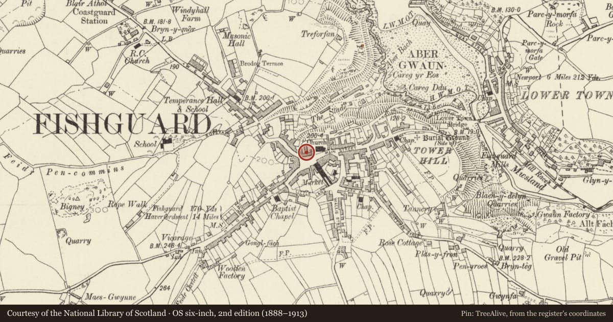 Ordnance Survey six-inch map, 2nd edition (1888–1913) covering the location of The Royal Oak, Fishguard and Goodwick, Pembrokeshire, with a pin at the register's coordinates
