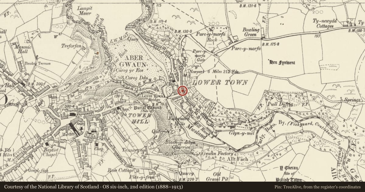 Ordnance Survey six-inch map, 2nd edition (1888–1913) covering the location of 1 Newport Road, Fishguard and Goodwick, Pembrokeshire, with a pin at the register's coordinates