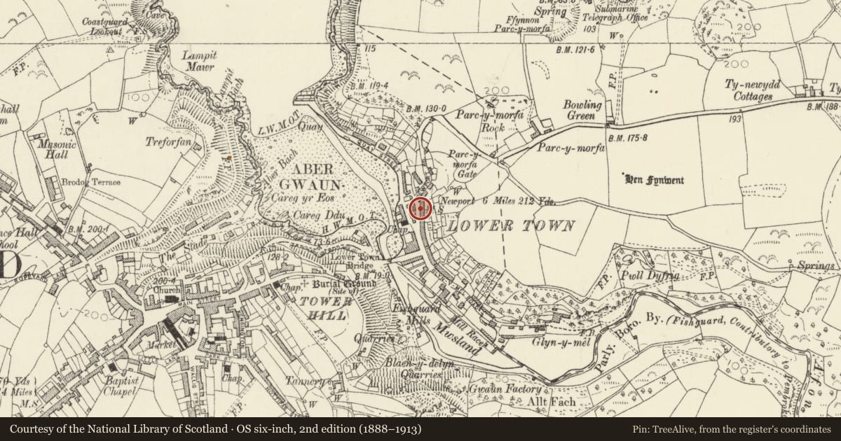 Ordnance Survey six-inch map, 2nd edition (1888–1913) covering the location of 15 Newport Road, Fishguard and Goodwick, Pembrokeshire, with a pin at the register's coordinates