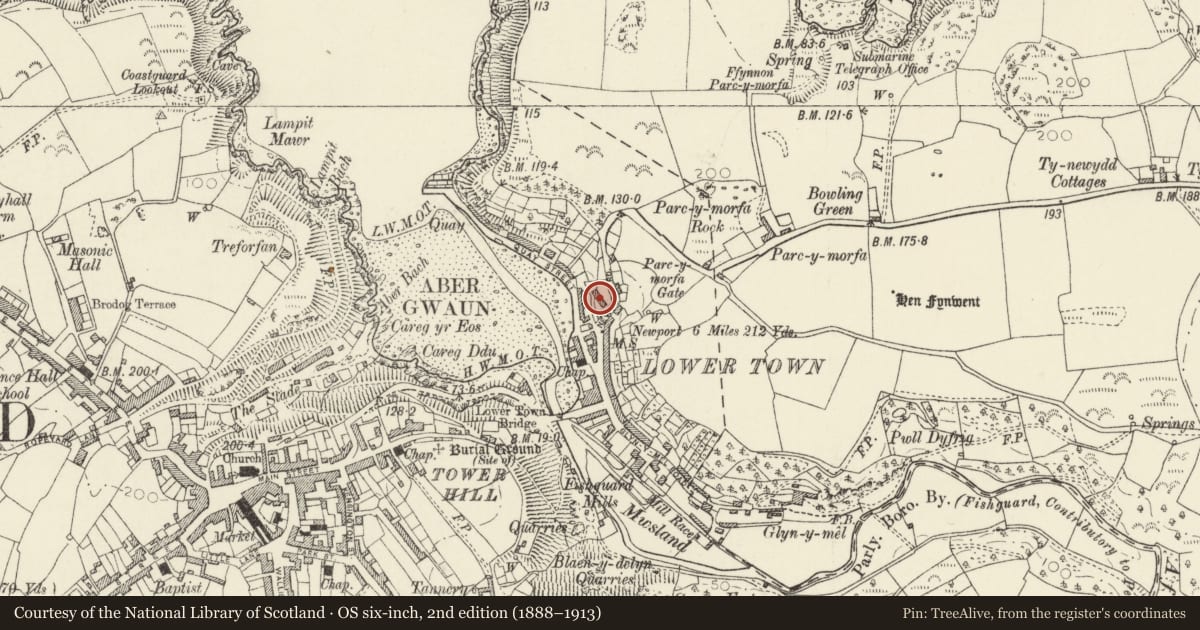 Ordnance Survey six-inch map, 2nd edition (1888–1913) covering the location of Bodmor, Fishguard and Goodwick, Pembrokeshire, with a pin at the register's coordinates