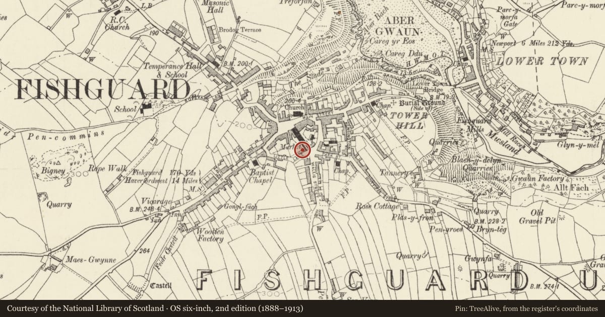 Ordnance Survey six-inch map, 2nd edition (1888–1913) covering the location of Former store building, Fishguard and Goodwick, Pembrokeshire, with a pin at the register's coordinates