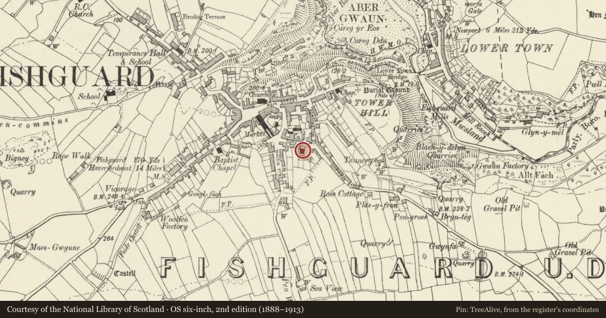 Ordnance Survey six-inch map, 2nd edition (1888–1913) covering the location of Tabernacle Independent Chapel, Fishguard and Goodwick, Pembrokeshire, with a pin at the register's coordinates