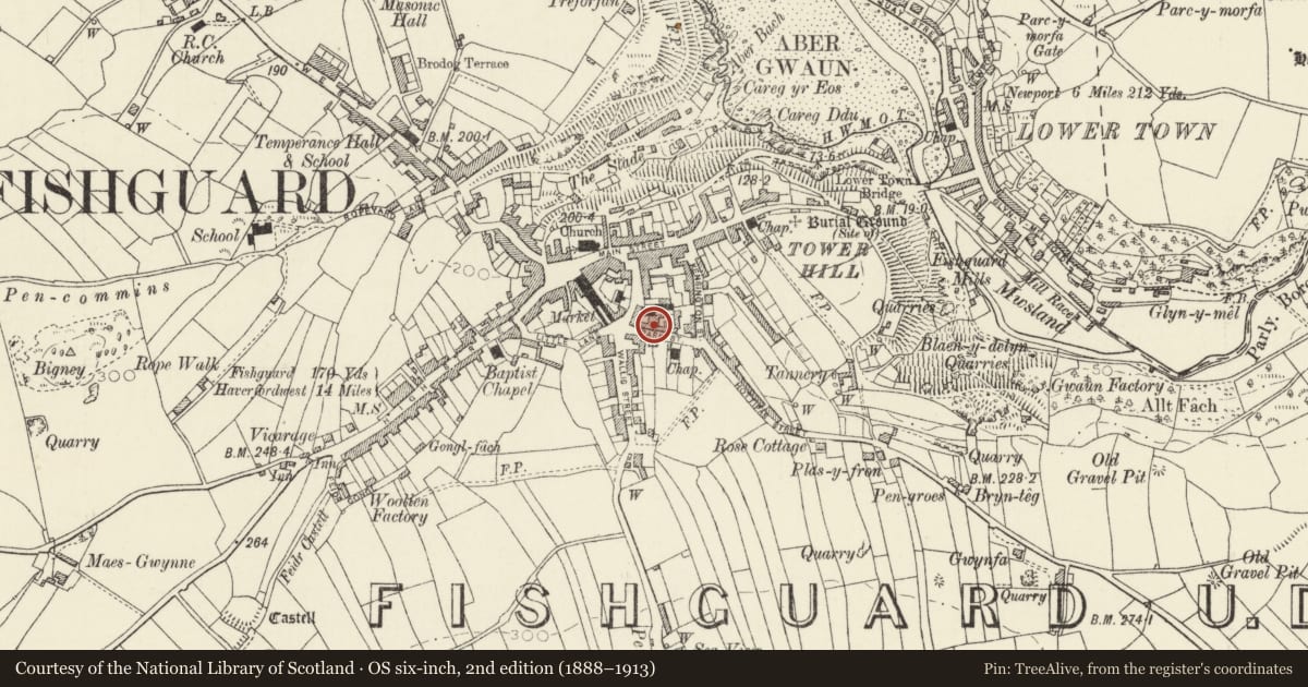 Ordnance Survey six-inch map, 2nd edition (1888–1913) covering the location of Walter Brearley House, Fishguard and Goodwick, Pembrokeshire, with a pin at the register's coordinates