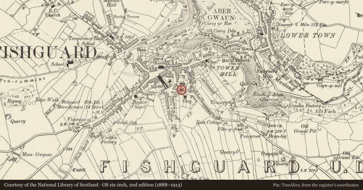 Ordnance Survey six-inch map, 2nd edition (1888–1913) covering the location of 2 Park Street, Fishguard and Goodwick, Pembrokeshire, with a pin at the register's coordinates