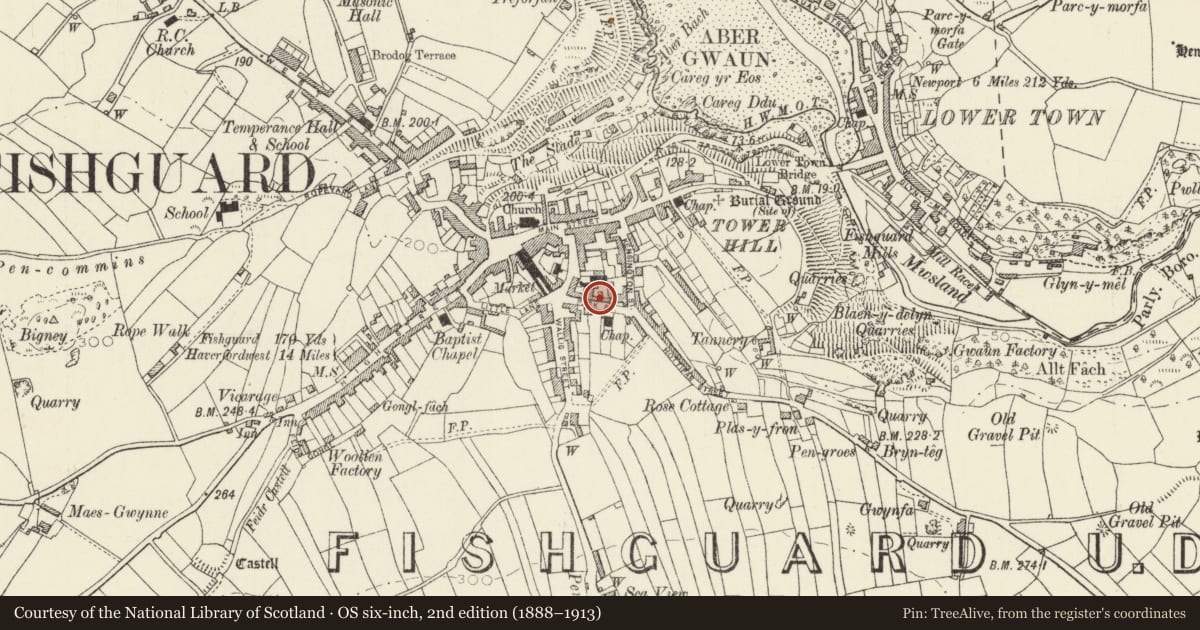 Ordnance Survey six-inch map, 2nd edition (1888–1913) covering the location of 4 Park Street, Fishguard and Goodwick, Pembrokeshire, with a pin at the register's coordinates