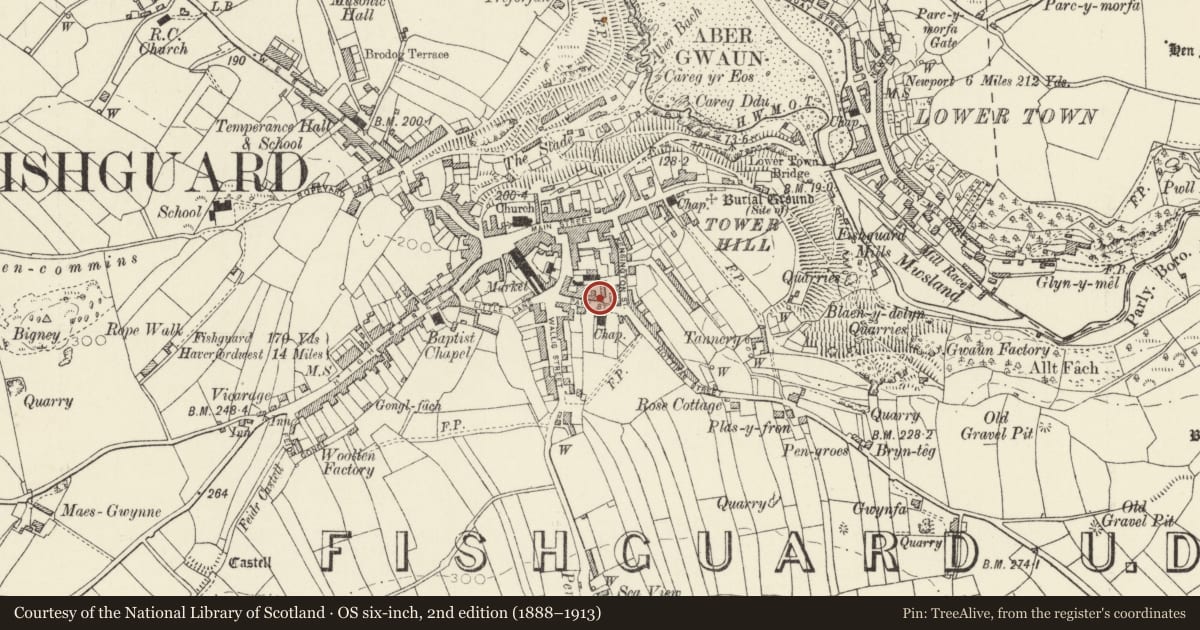 Ordnance Survey six-inch map, 2nd edition (1888–1913) covering the location of Greenwood House, Fishguard and Goodwick, Pembrokeshire, with a pin at the register's coordinates