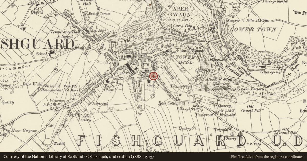 Ordnance Survey six-inch map, 2nd edition (1888–1913) covering the location of Park House, Fishguard and Goodwick, Pembrokeshire, with a pin at the register's coordinates