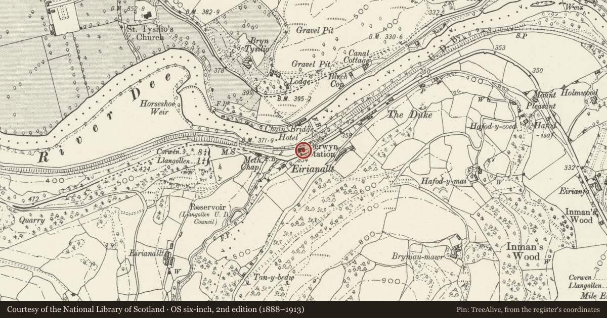 Ordnance Survey six-inch map, 2nd edition (1888–1913) covering the location of Berwyn Railway Station, Llangollen, Denbighshire, with a pin at the register's coordinates