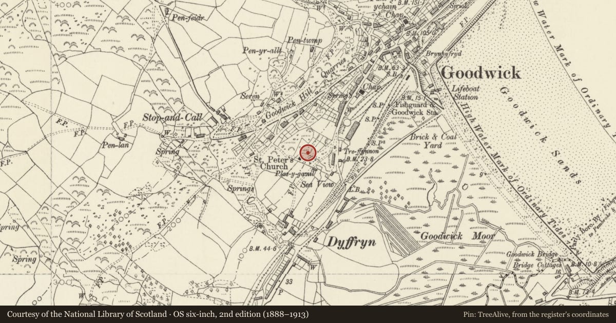 Ordnance Survey six-inch map, 2nd edition (1888–1913) covering the location of Church of St Peter, Fishguard and Goodwick, Pembrokeshire, with a pin at the register's coordinates
