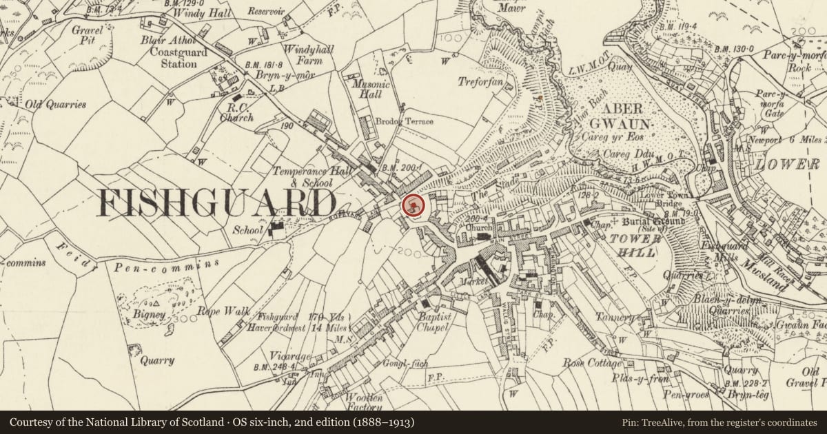 Ordnance Survey six-inch map, 2nd edition (1888–1913) covering the location of 1 The Slade, including front garden walls & gates, Fishguard and Goodwick, Pembrokeshire, with a pin at the register's coordinates