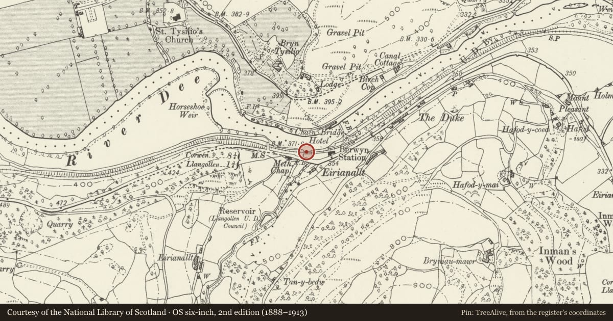 Ordnance Survey six-inch map, 2nd edition (1888–1913) covering the location of Kings Bridge (Partly in Llantysilio Community), Llangollen, Denbighshire, with a pin at the register's coordinates