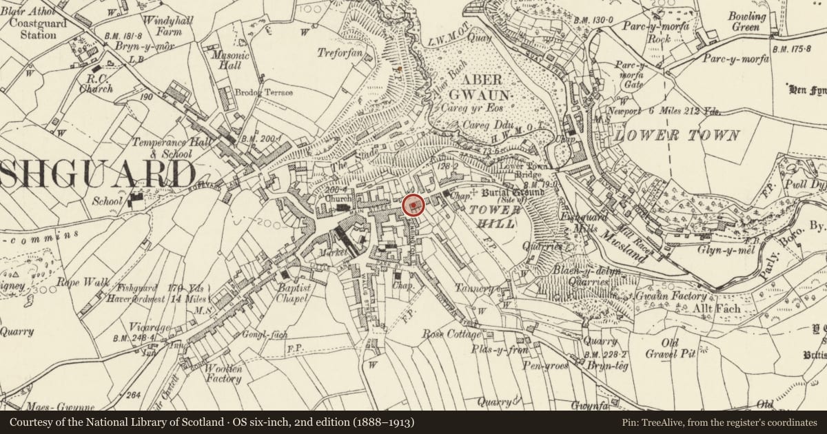 Ordnance Survey six-inch map, 2nd edition (1888–1913) covering the location of Hill House, Fishguard and Goodwick, Pembrokeshire, with a pin at the register's coordinates